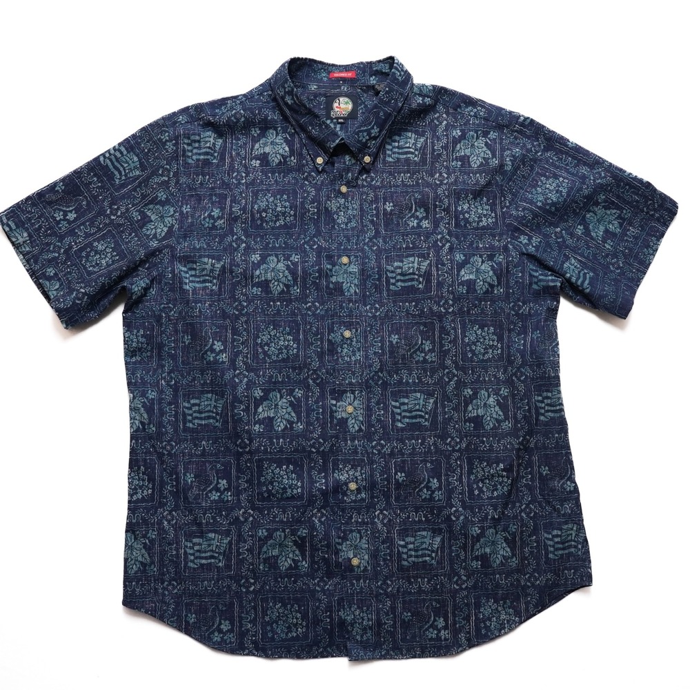 Reyn Spooner Aloha Shirt Mens 3XL Blue Goose Floral‎ Hawaiian Flag Tailored Fit
